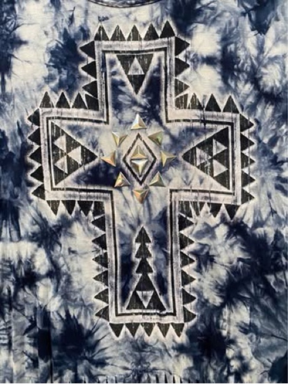 Cato Navy and White Tie-Dye Scoop Neck Fringe Hem Tee Size Large - Picture 2 of 5